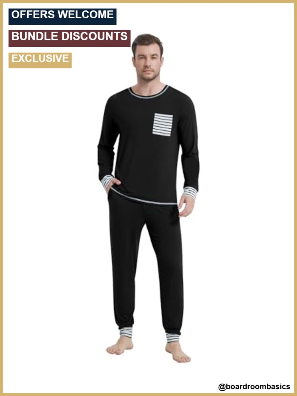 Men's Bamboo Viscose Pajama Set Long Sleeve Scoop Neck Contrast Pocket